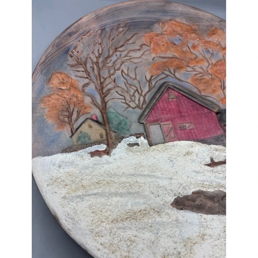 Vtg 2 Pc‎ Byron Mold Seasons Fall Hand Painted 3D Autumn Winter Scene Wall Decor